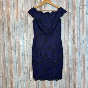 Tadashi Shoji 6 Blue & Black Floral Lace Fitted Sheath Dress Party Cocktail